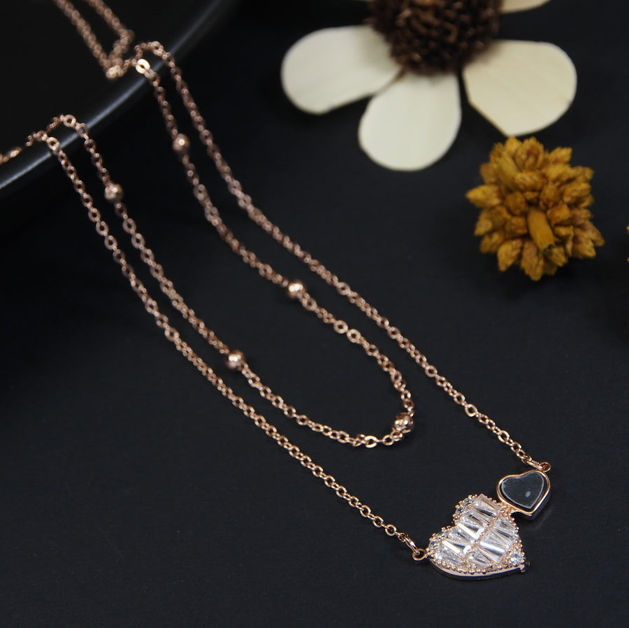 Gold/Rosegold Plated Multi Layered Cubic Zicron Baguette Filled Heart Shaped Pendent Necklace
