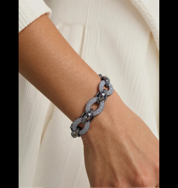 Crystal With Gun Metal Plated Chain Link Fishnet Bracelet