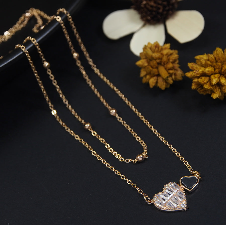 Gold/Rosegold Plated Multi Layered Cubic Zicron Baguette Filled Heart Shaped Pendent Necklace